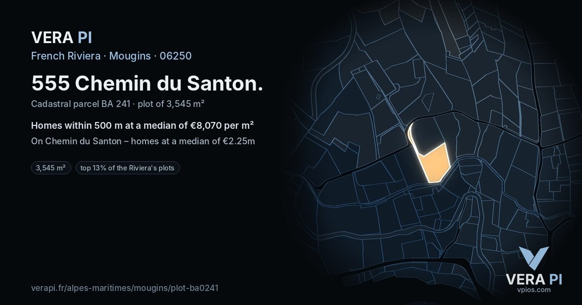 555 Chemin du Santon, Mougins at night – the plot lit, the parcels around coloured by the prices near them