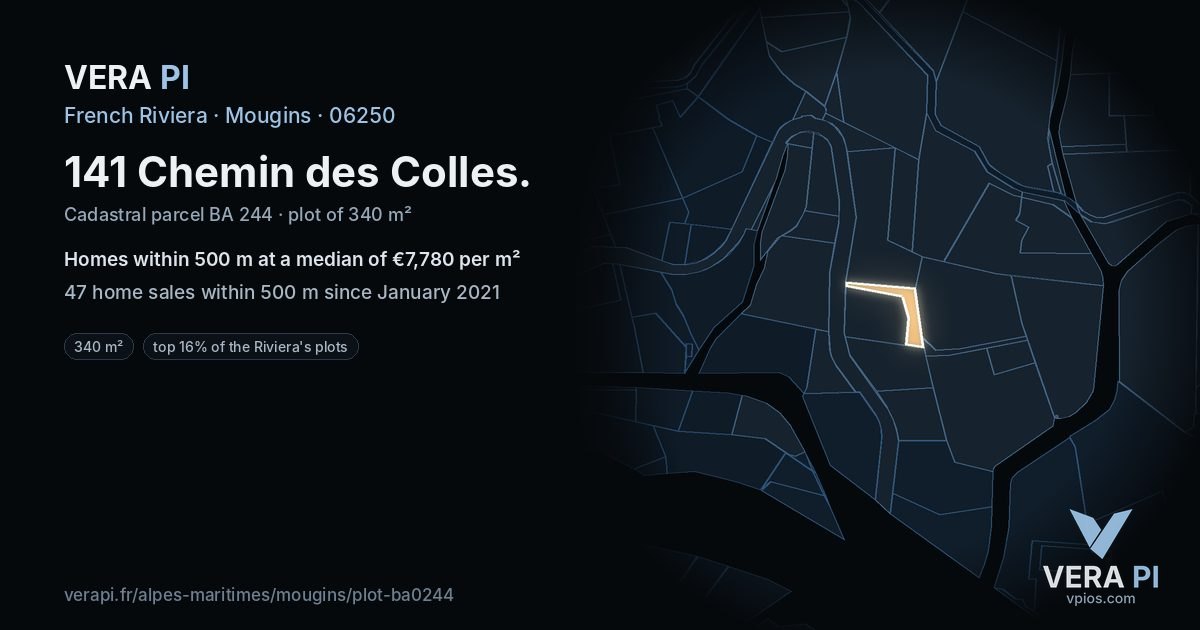 141 Chemin des Colles, Mougins at night – the plot lit, the parcels around coloured by the prices near them