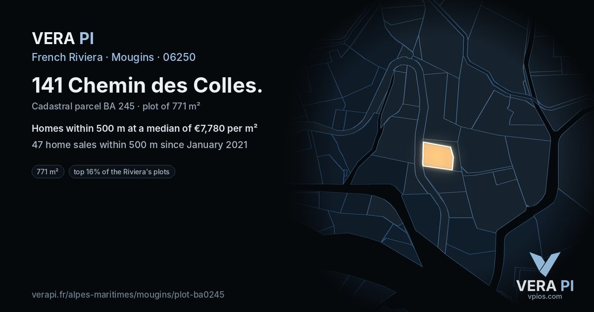 141 Chemin des Colles, Mougins at night – the plot lit, the parcels around coloured by the prices near them