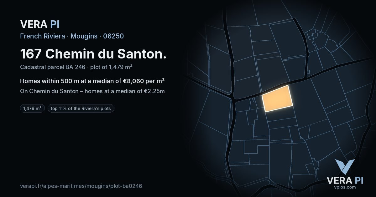 167 Chemin du Santon, Mougins at night – the plot lit, the parcels around coloured by the prices near them
