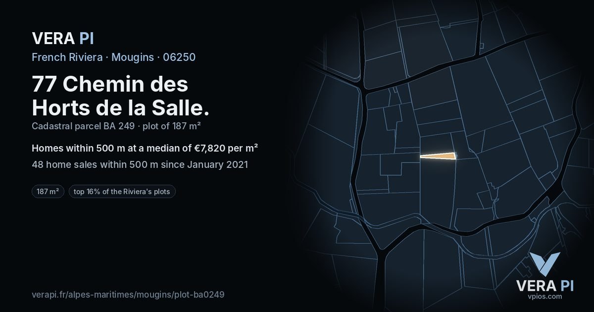 77 Chemin des Horts de la Salle, Mougins at night – the plot lit, the parcels around coloured by the prices near them