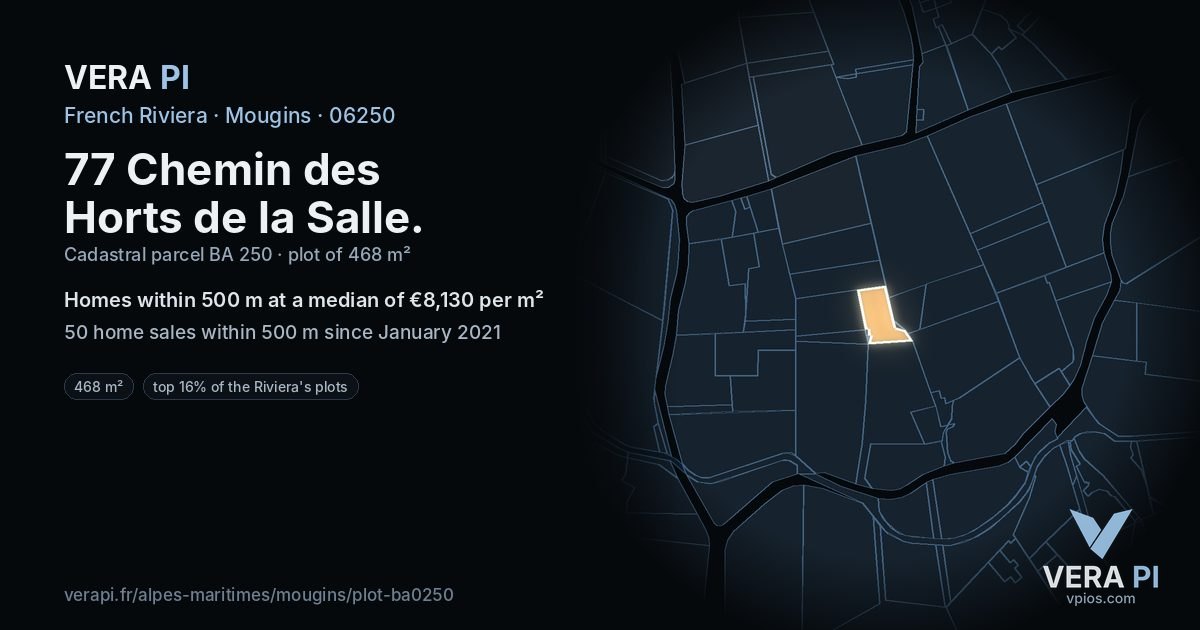 77 Chemin des Horts de la Salle, Mougins at night – the plot lit, the parcels around coloured by the prices near them