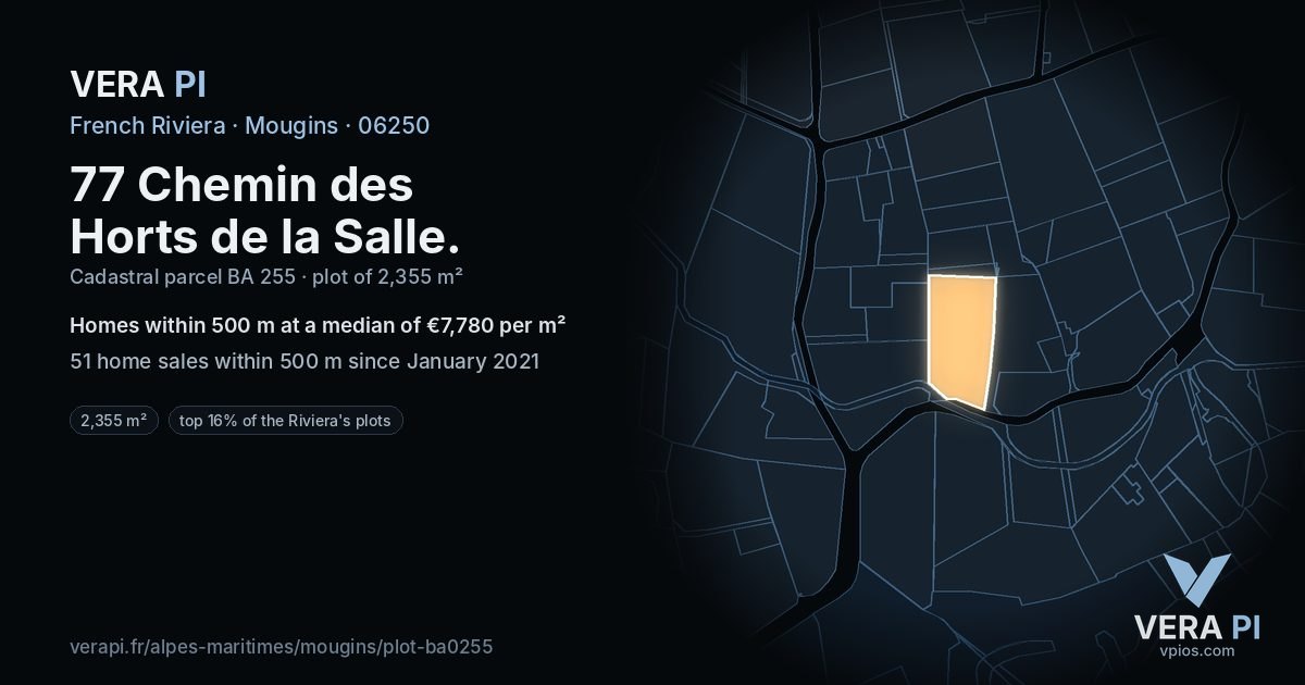 77 Chemin des Horts de la Salle, Mougins at night – the plot lit, the parcels around coloured by the prices near them