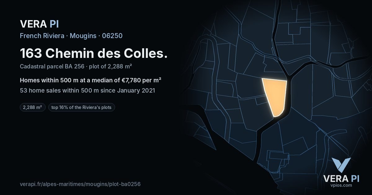 163 Chemin des Colles, Mougins at night – the plot lit, the parcels around coloured by the prices near them