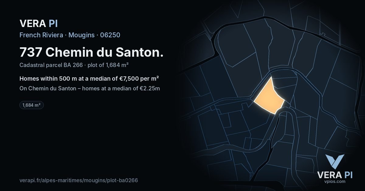 737 Chemin du Santon, Mougins at night – the plot lit, the parcels around coloured by the prices near them