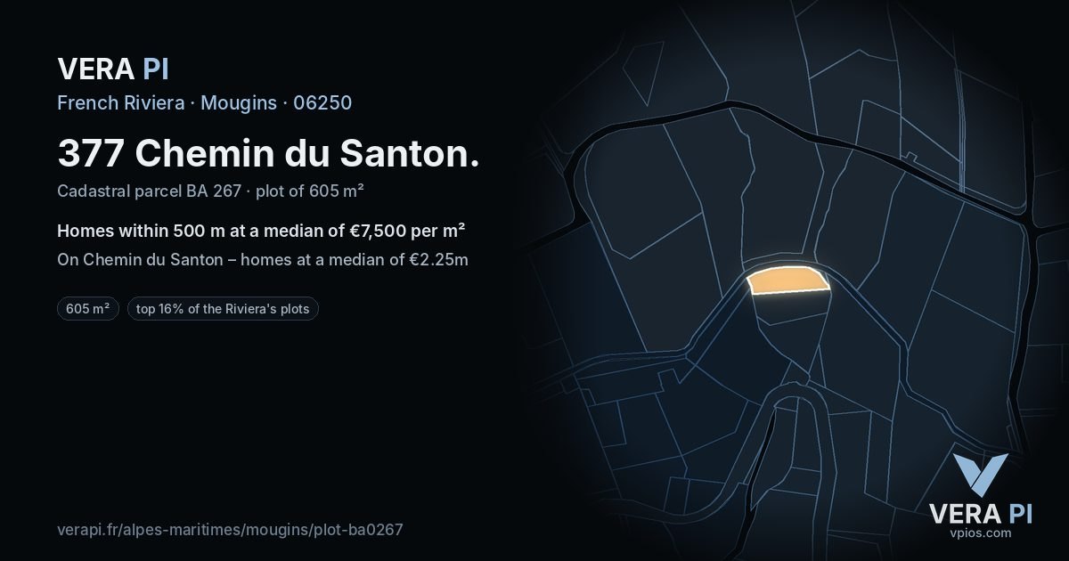 377 Chemin du Santon, Mougins at night – the plot lit, the parcels around coloured by the prices near them