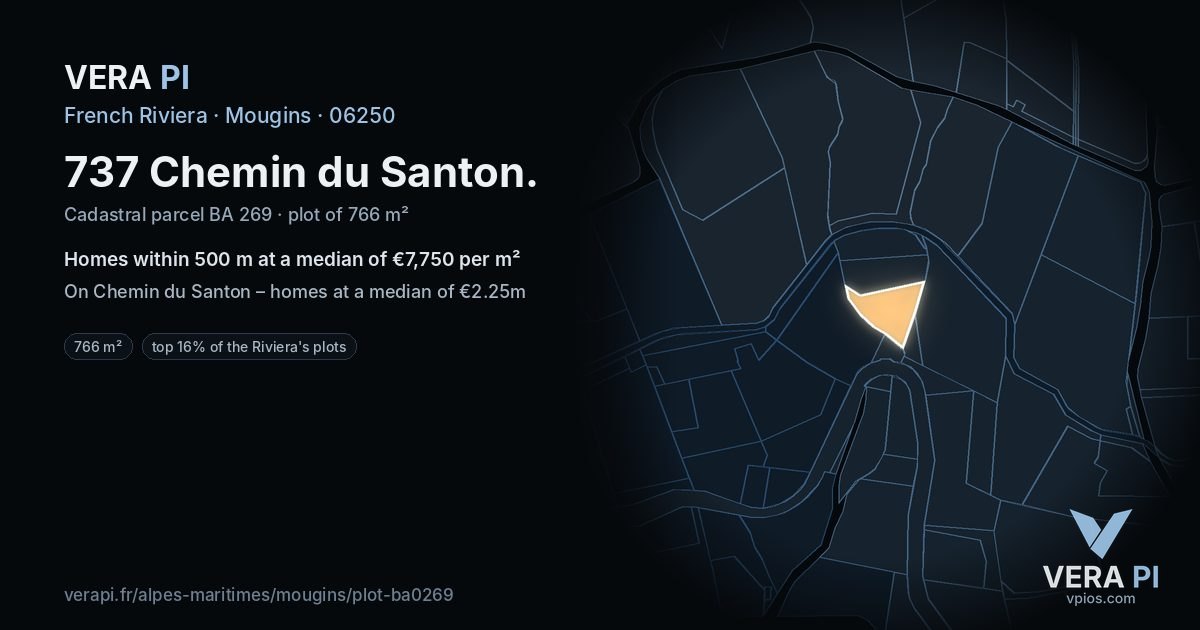 737 Chemin du Santon, Mougins at night – the plot lit, the parcels around coloured by the prices near them