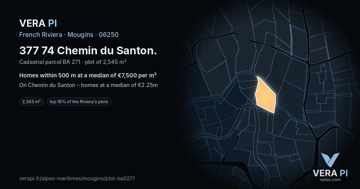 377 74 Chemin du Santon, Mougins at night – the plot lit, the parcels around coloured by the prices near them