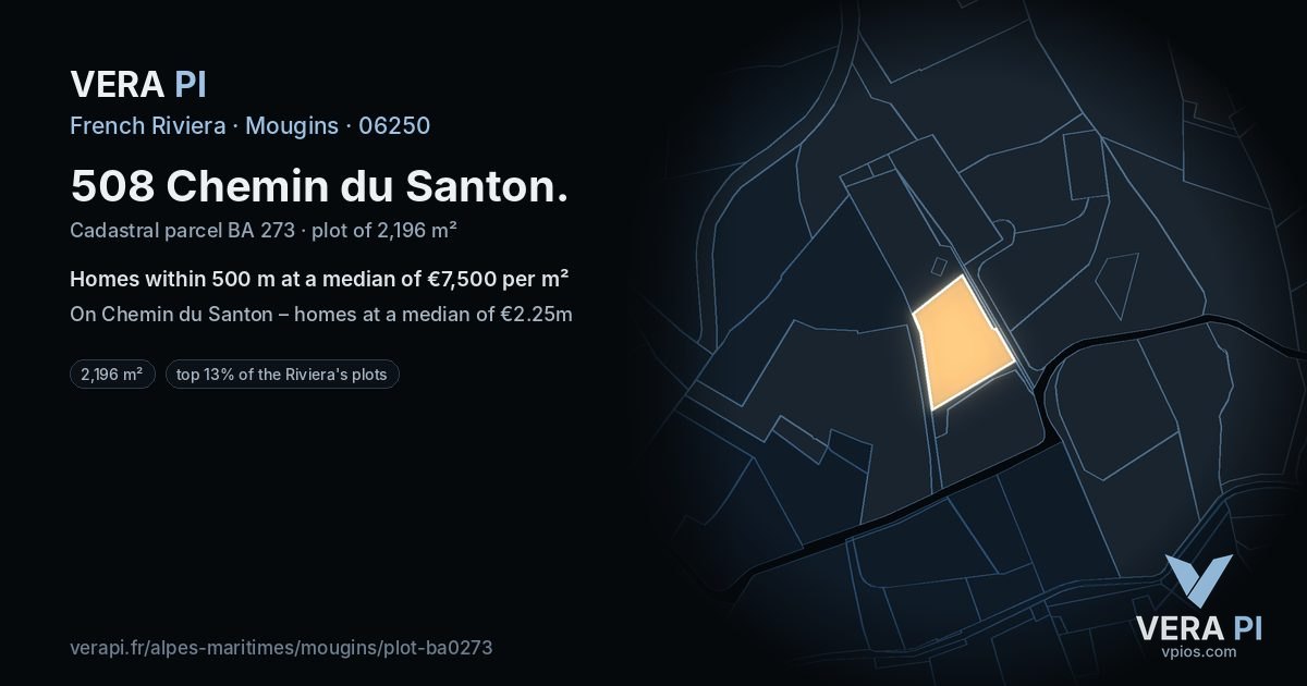 508 Chemin du Santon, Mougins at night – the plot lit, the parcels around coloured by the prices near them