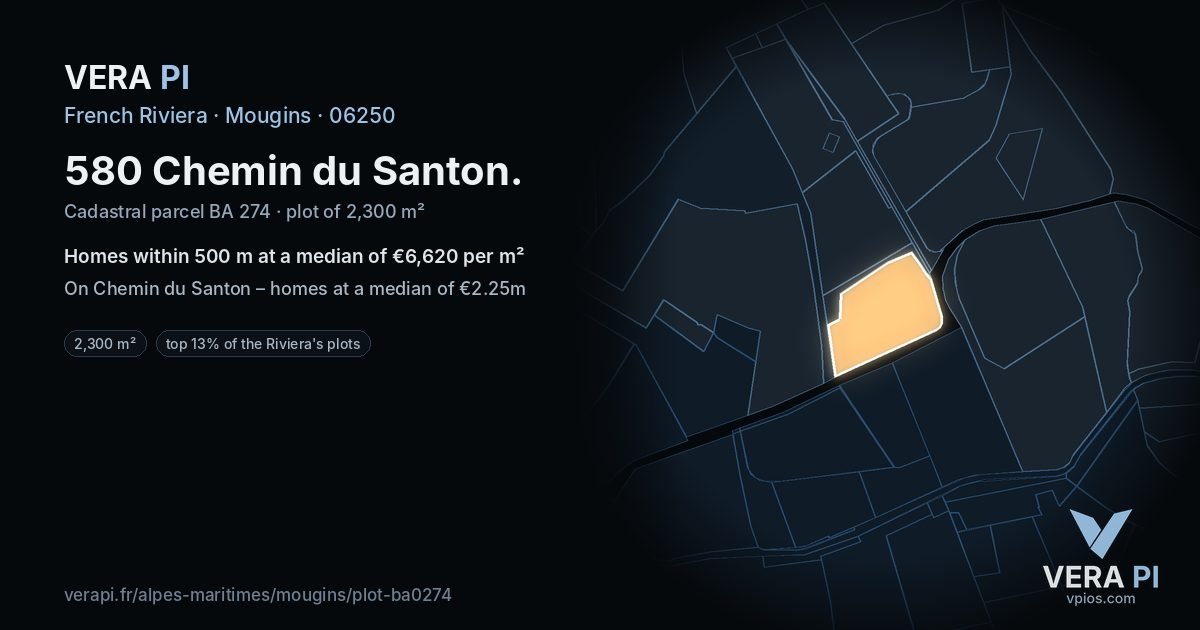 580 Chemin du Santon, Mougins at night – the plot lit, the parcels around coloured by the prices near them