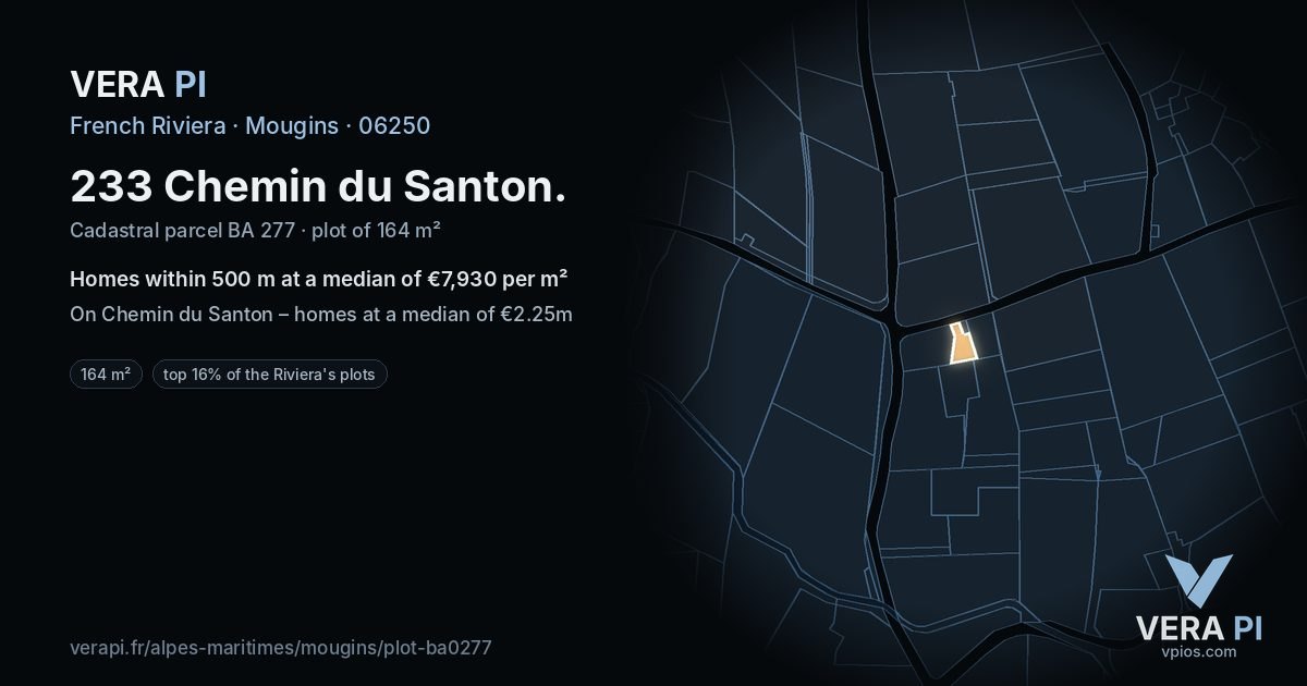 233 Chemin du Santon, Mougins at night – the plot lit, the parcels around coloured by the prices near them