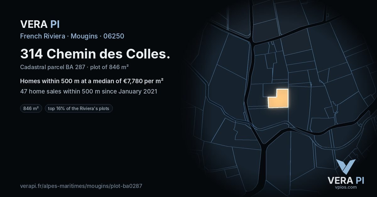 314 Chemin des Colles, Mougins at night – the plot lit, the parcels around coloured by the prices near them