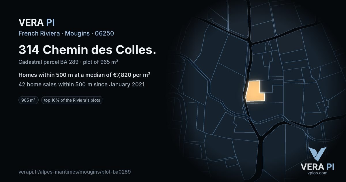 314 Chemin des Colles, Mougins at night – the plot lit, the parcels around coloured by the prices near them
