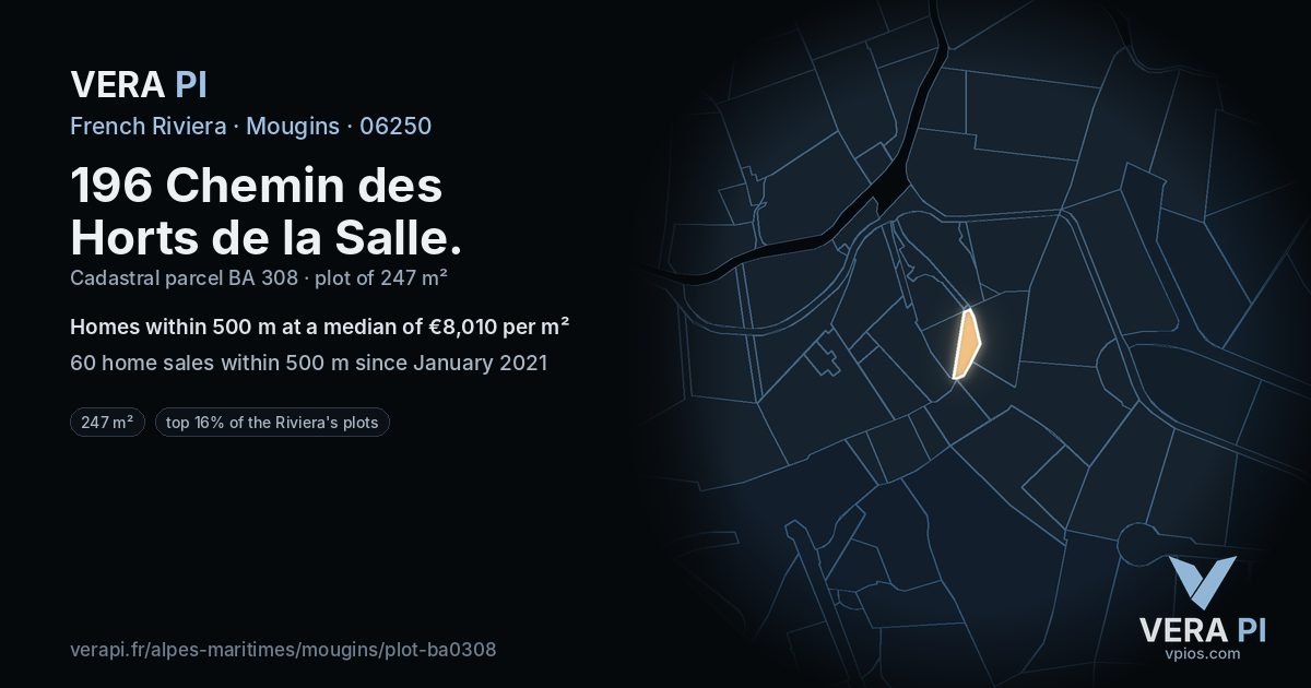 196 Chemin des Horts de la Salle, Mougins at night – the plot lit, the parcels around coloured by the prices near them