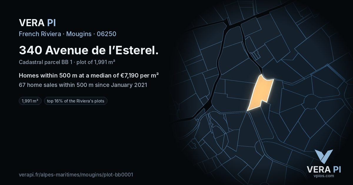 340 Avenue de l’Esterel, Mougins at night – the plot lit, the parcels around coloured by the prices near them