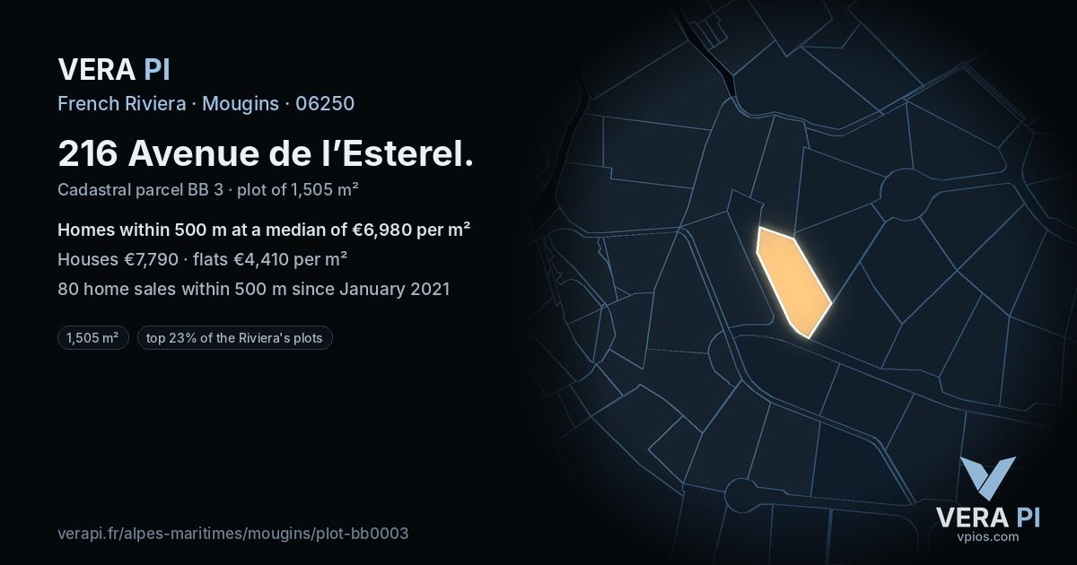 216 Avenue de l’Esterel, Mougins at night – the plot lit, the parcels around coloured by the prices near them