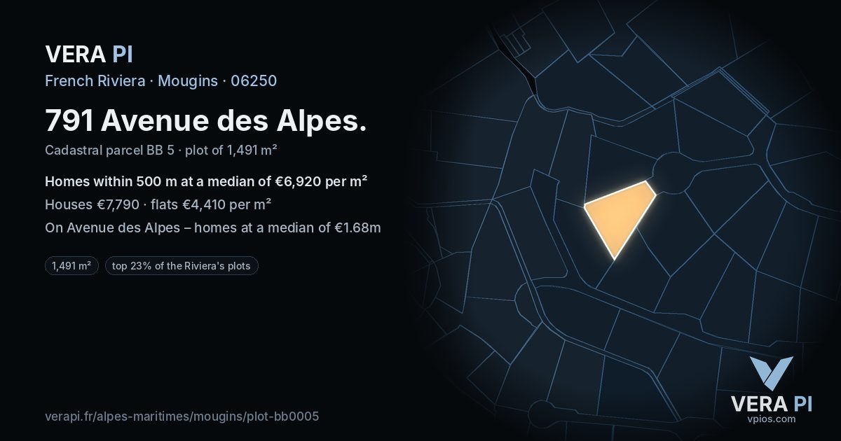 791 Avenue des Alpes, Mougins at night – the plot lit, the parcels around coloured by the prices near them