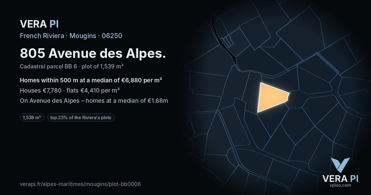805 Avenue des Alpes, Mougins at night – the plot lit, the parcels around coloured by the prices near them