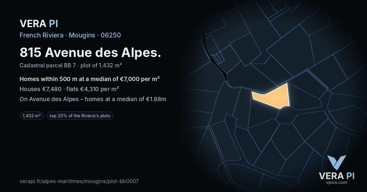 815 Avenue des Alpes, Mougins at night – the plot lit, the parcels around coloured by the prices near them