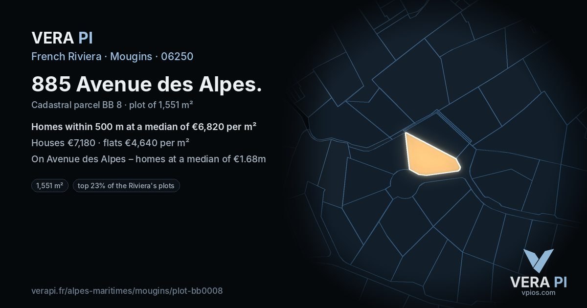 885 Avenue des Alpes, Mougins at night – the plot lit, the parcels around coloured by the prices near them