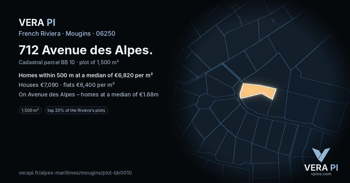 712 Avenue des Alpes, Mougins at night – the plot lit, the parcels around coloured by the prices near them