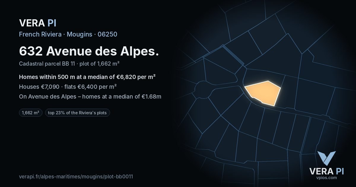 632 Avenue des Alpes, Mougins at night – the plot lit, the parcels around coloured by the prices near them