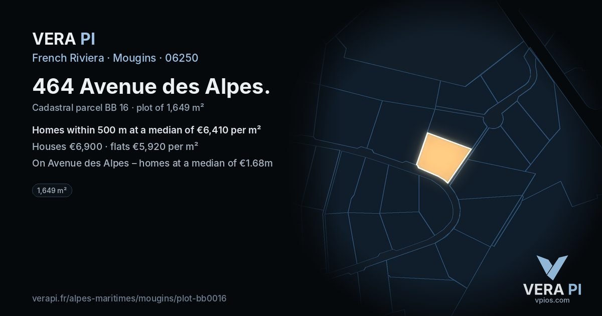 464 Avenue des Alpes, Mougins at night – the plot lit, the parcels around coloured by the prices near them