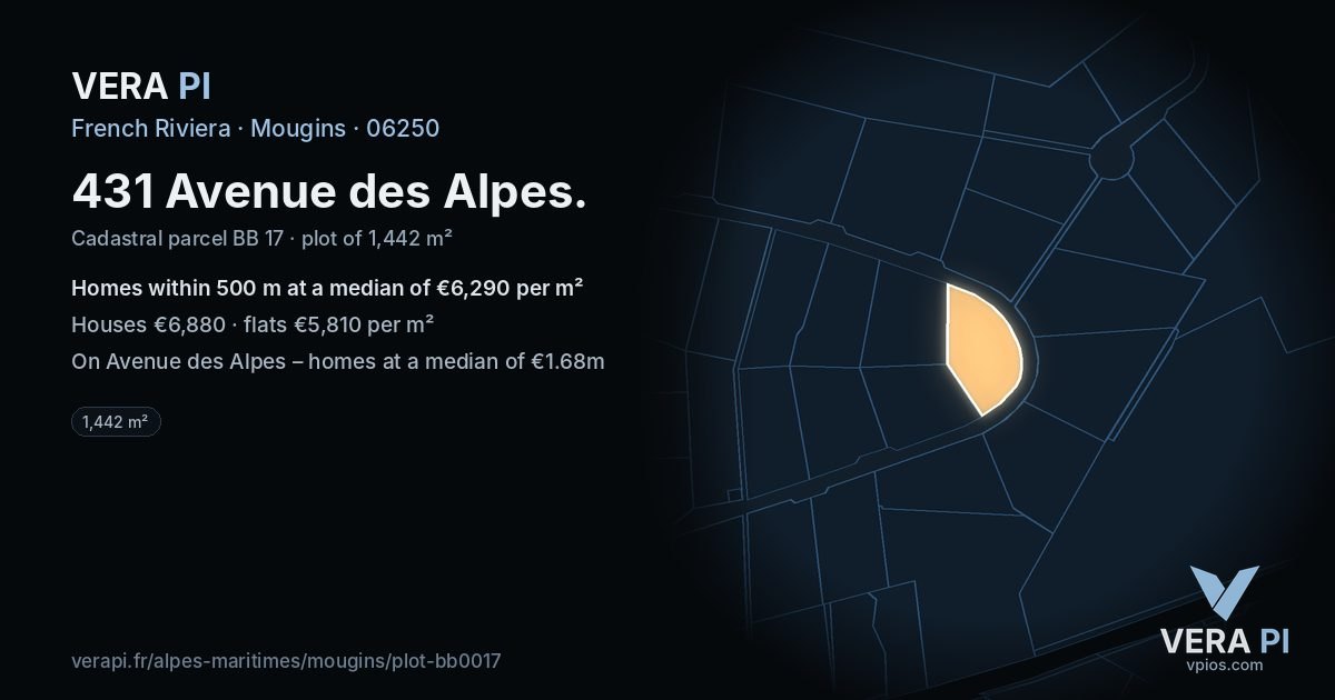 431 Avenue des Alpes, Mougins at night – the plot lit, the parcels around coloured by the prices near them