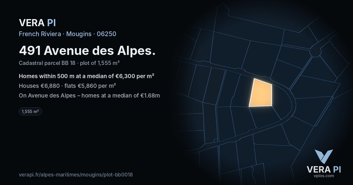 491 Avenue des Alpes, Mougins at night – the plot lit, the parcels around coloured by the prices near them