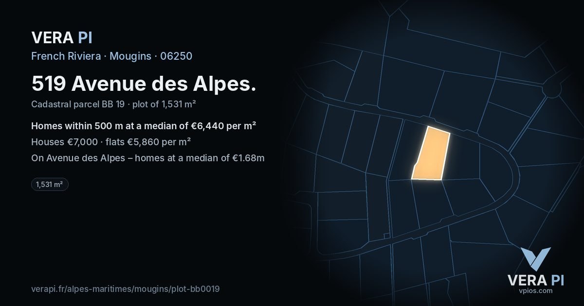 519 Avenue des Alpes, Mougins at night – the plot lit, the parcels around coloured by the prices near them