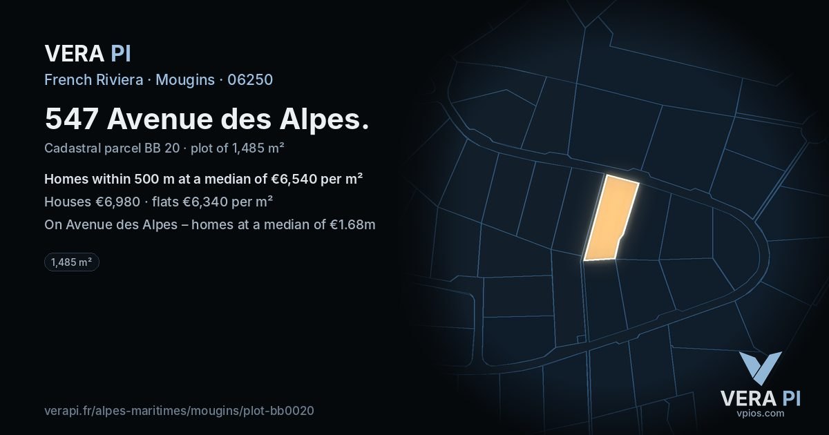 547 Avenue des Alpes, Mougins at night – the plot lit, the parcels around coloured by the prices near them