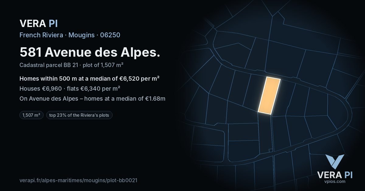 581 Avenue des Alpes, Mougins at night – the plot lit, the parcels around coloured by the prices near them