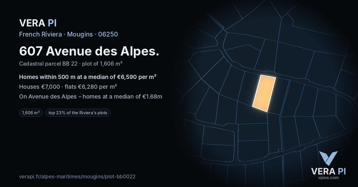607 Avenue des Alpes, Mougins at night – the plot lit, the parcels around coloured by the prices near them