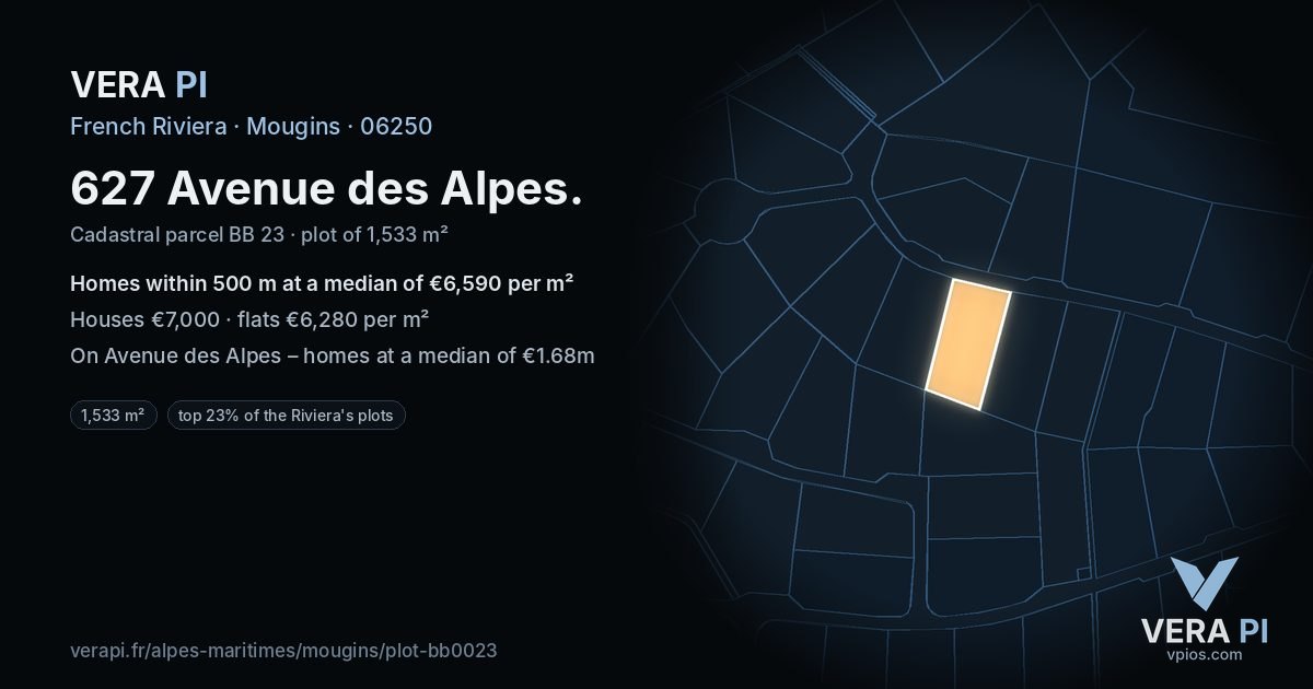 627 Avenue des Alpes, Mougins at night – the plot lit, the parcels around coloured by the prices near them