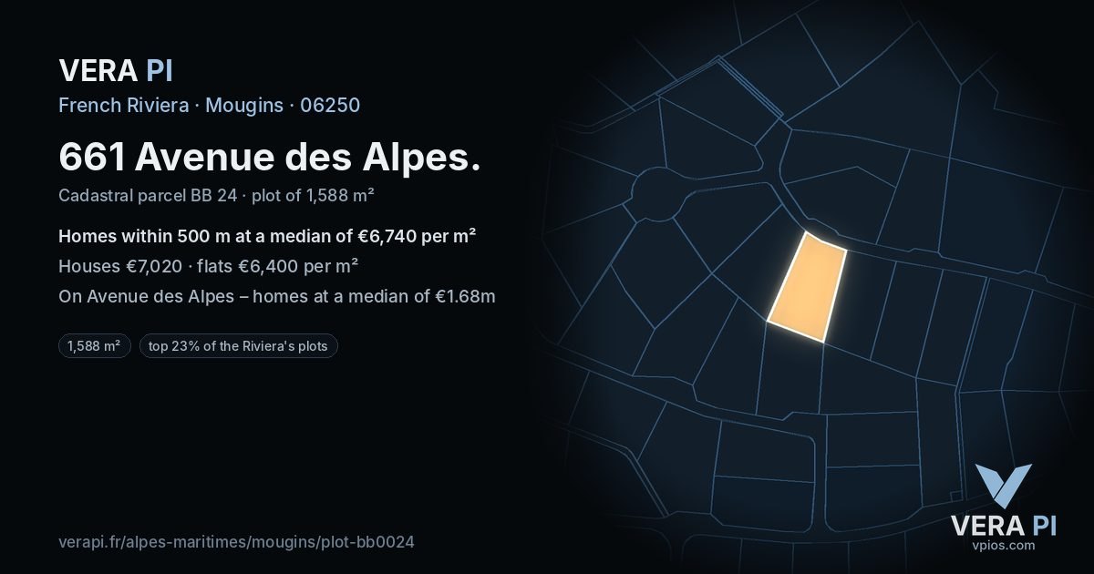 661 Avenue des Alpes, Mougins at night – the plot lit, the parcels around coloured by the prices near them