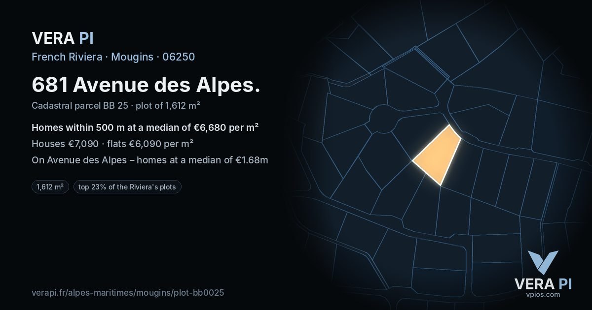 681 Avenue des Alpes, Mougins at night – the plot lit, the parcels around coloured by the prices near them