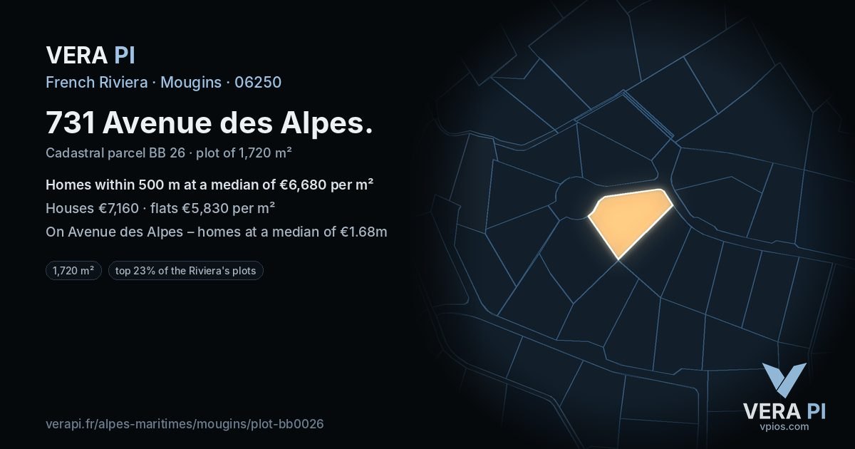 731 Avenue des Alpes, Mougins at night – the plot lit, the parcels around coloured by the prices near them
