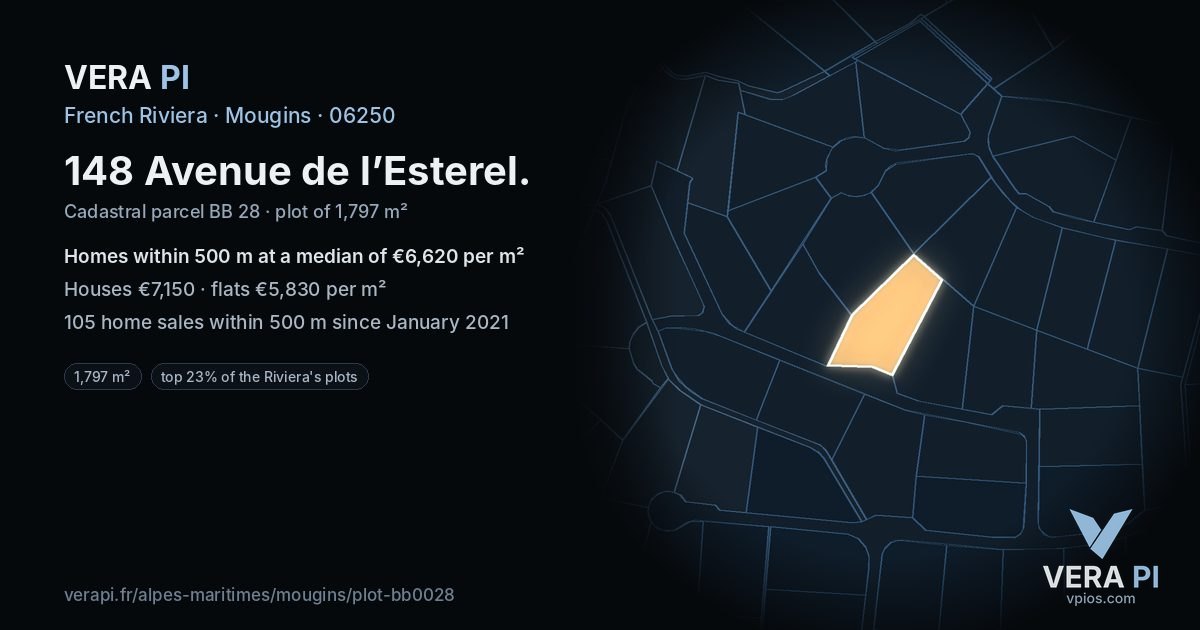 148 Avenue de l’Esterel, Mougins at night – the plot lit, the parcels around coloured by the prices near them