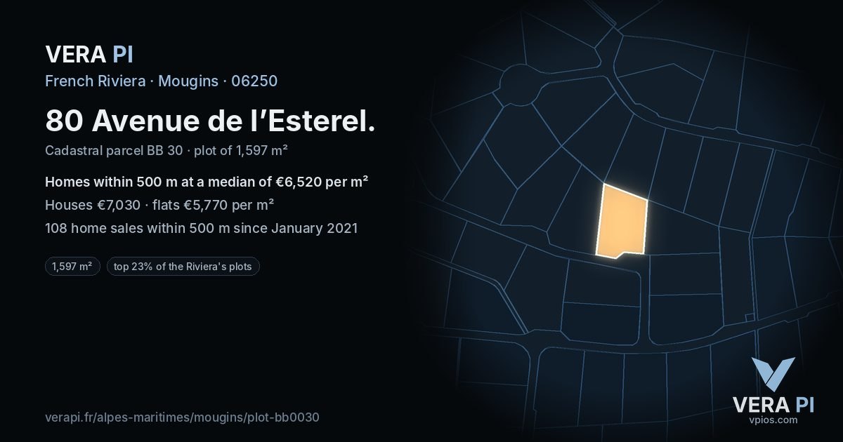 80 Avenue de l’Esterel, Mougins at night – the plot lit, the parcels around coloured by the prices near them
