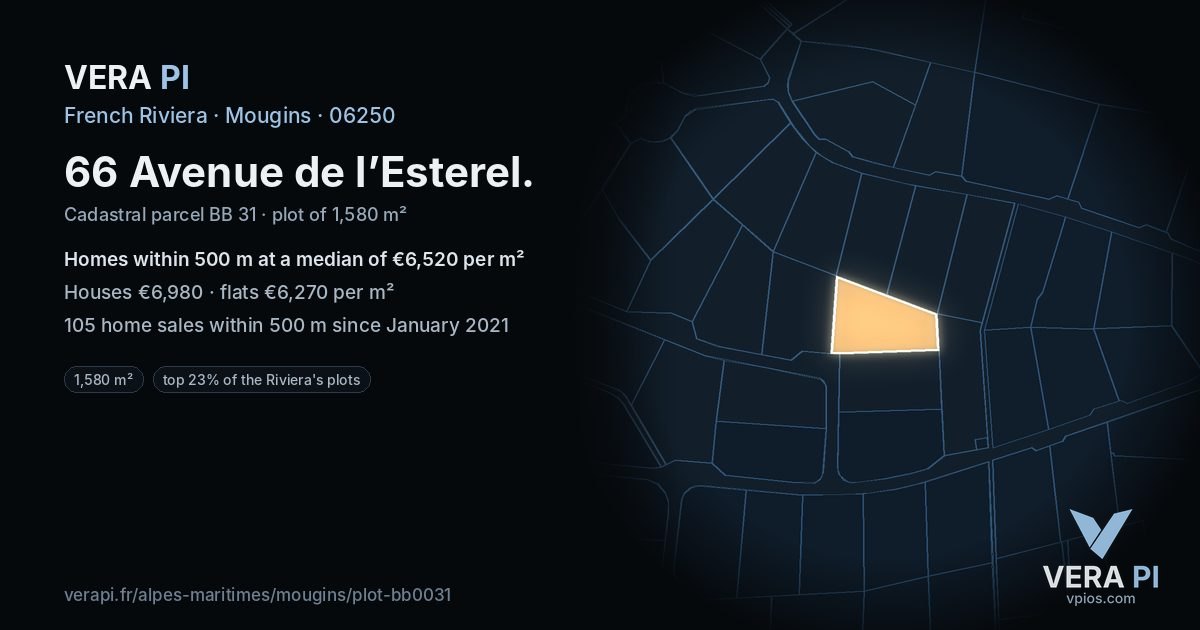66 Avenue de l’Esterel, Mougins at night – the plot lit, the parcels around coloured by the prices near them