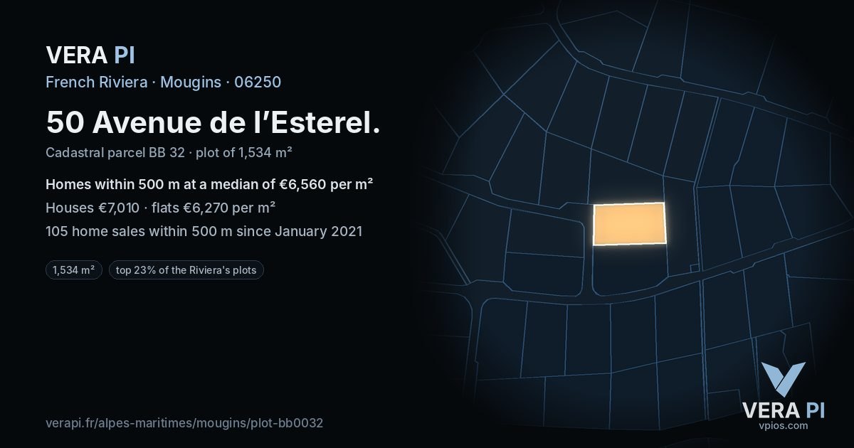 50 Avenue de l’Esterel, Mougins at night – the plot lit, the parcels around coloured by the prices near them