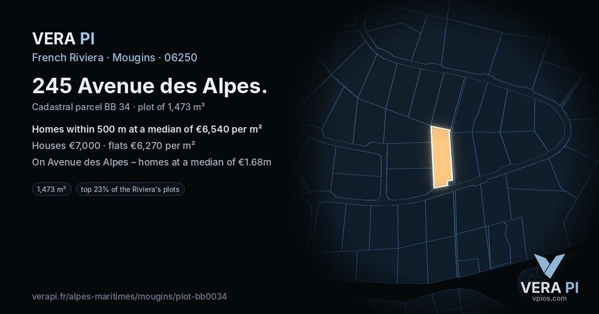 245 Avenue des Alpes, Mougins at night – the plot lit, the parcels around coloured by the prices near them