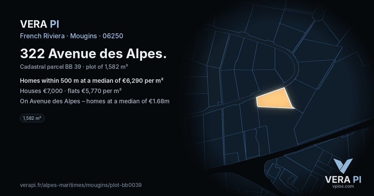 322 Avenue des Alpes, Mougins at night – the plot lit, the parcels around coloured by the prices near them