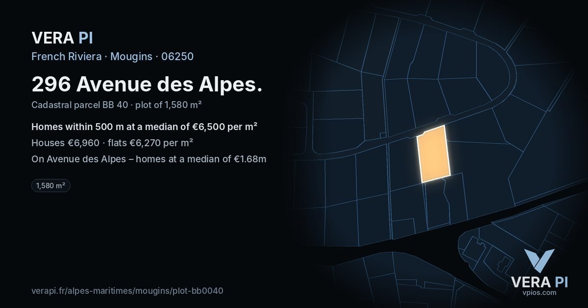 296 Avenue des Alpes, Mougins at night – the plot lit, the parcels around coloured by the prices near them