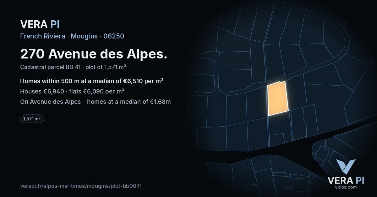 270 Avenue des Alpes, Mougins at night – the plot lit, the parcels around coloured by the prices near them