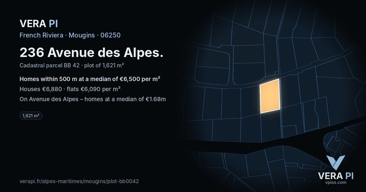 236 Avenue des Alpes, Mougins at night – the plot lit, the parcels around coloured by the prices near them