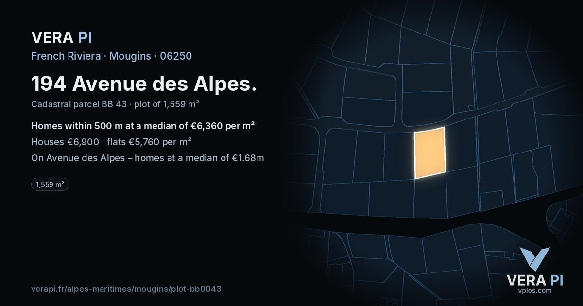 194 Avenue des Alpes, Mougins at night – the plot lit, the parcels around coloured by the prices near them