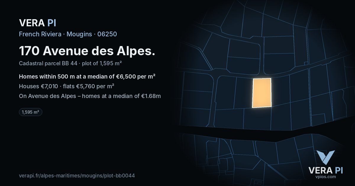 170 Avenue des Alpes, Mougins at night – the plot lit, the parcels around coloured by the prices near them