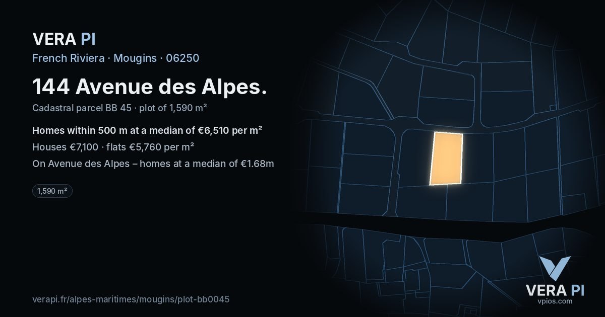144 Avenue des Alpes, Mougins at night – the plot lit, the parcels around coloured by the prices near them