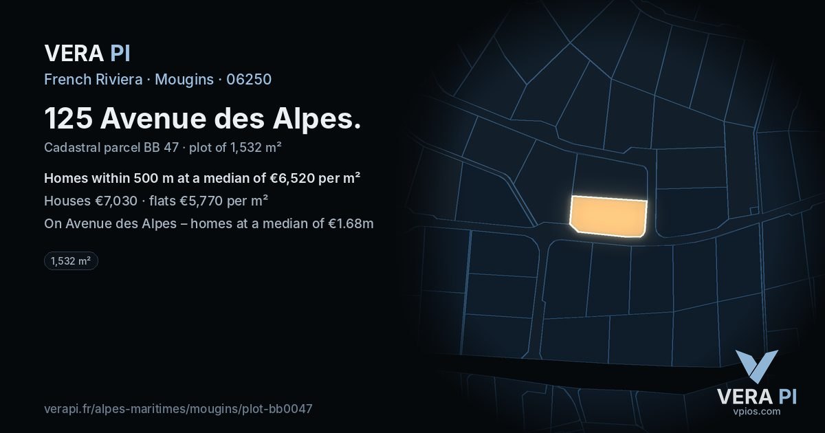 125 Avenue des Alpes, Mougins at night – the plot lit, the parcels around coloured by the prices near them